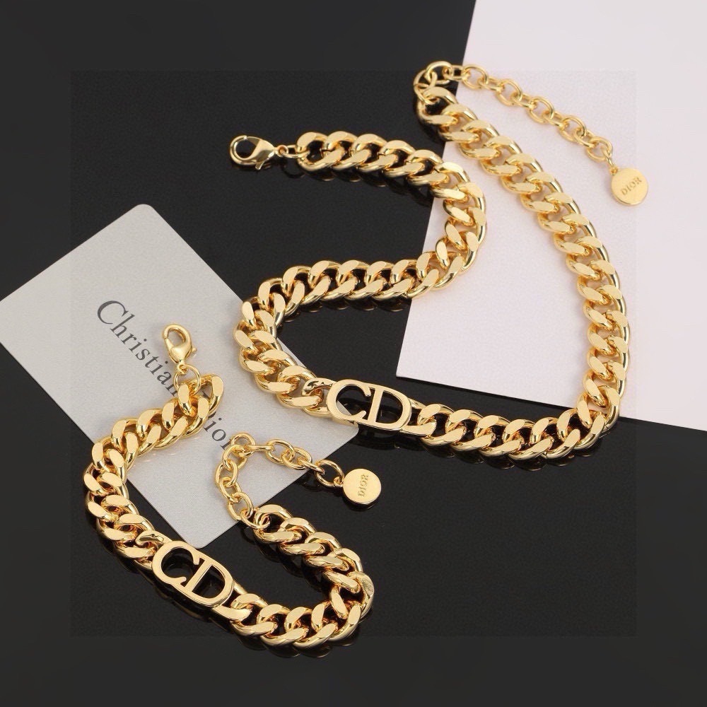 Dior Gold Chain Bracelet and Necklace Set with CD Logo